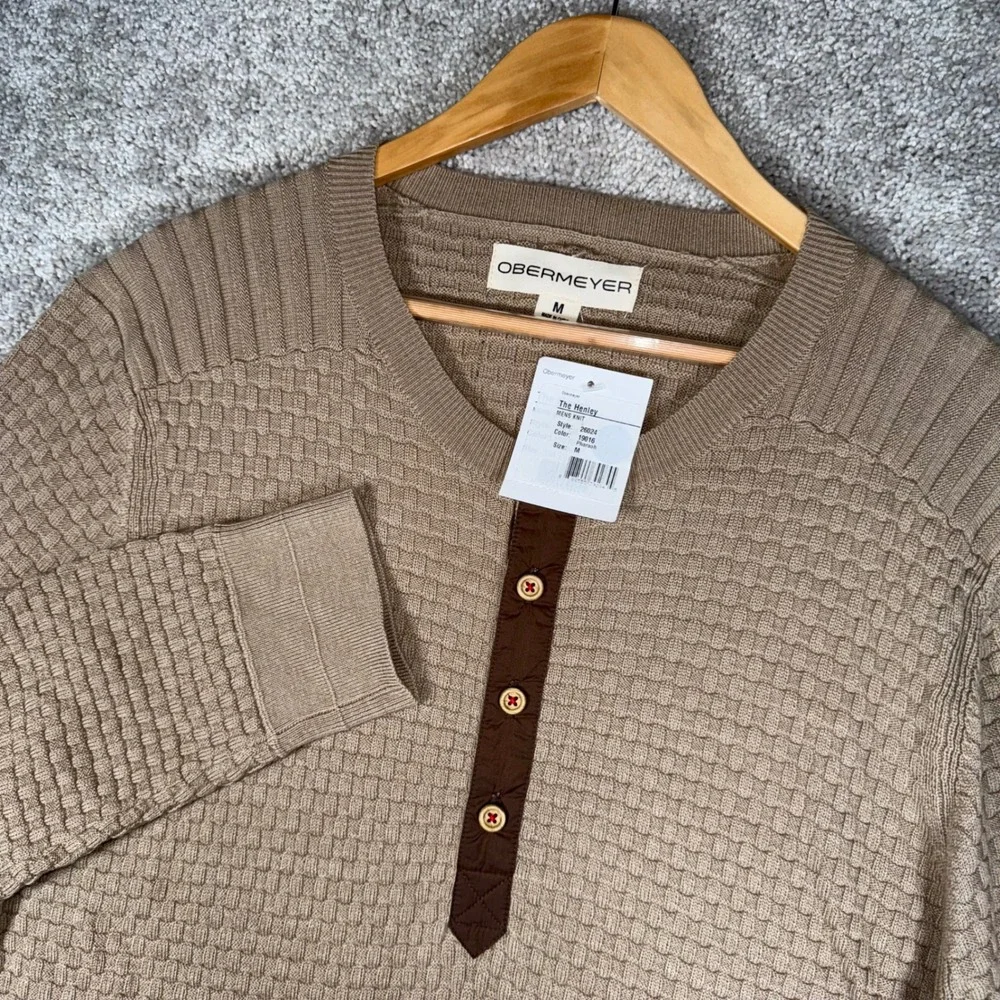NWT Obermeyer Men's M Henley Knit Sweater Beige Textured Half Button Long Sleeve